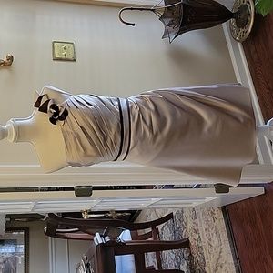 Allure Bridals taupe one shoulder short formal dress brown trim ruched 1…